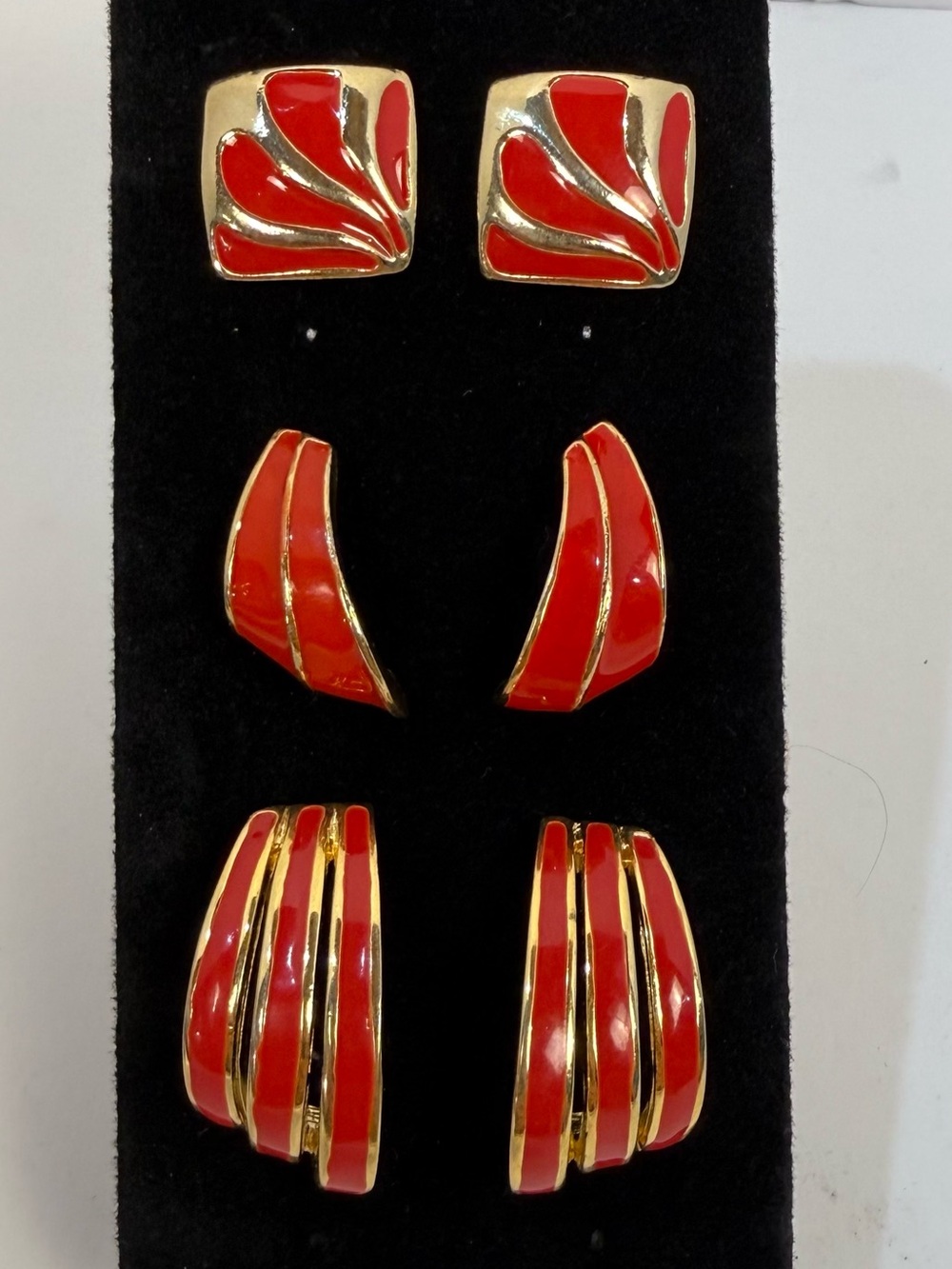 Vintage Gold and Red Enamel Stud Earrings 3 pairs